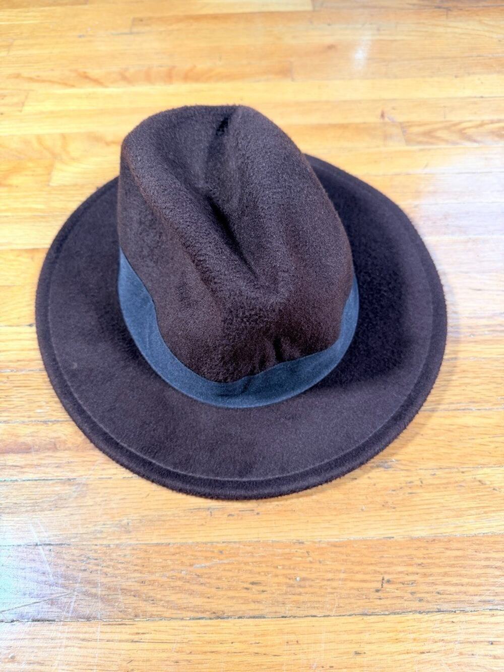 H&M Brown Wide Brim Fedora Hat Size M/58 Felted Wool-Look Black Band